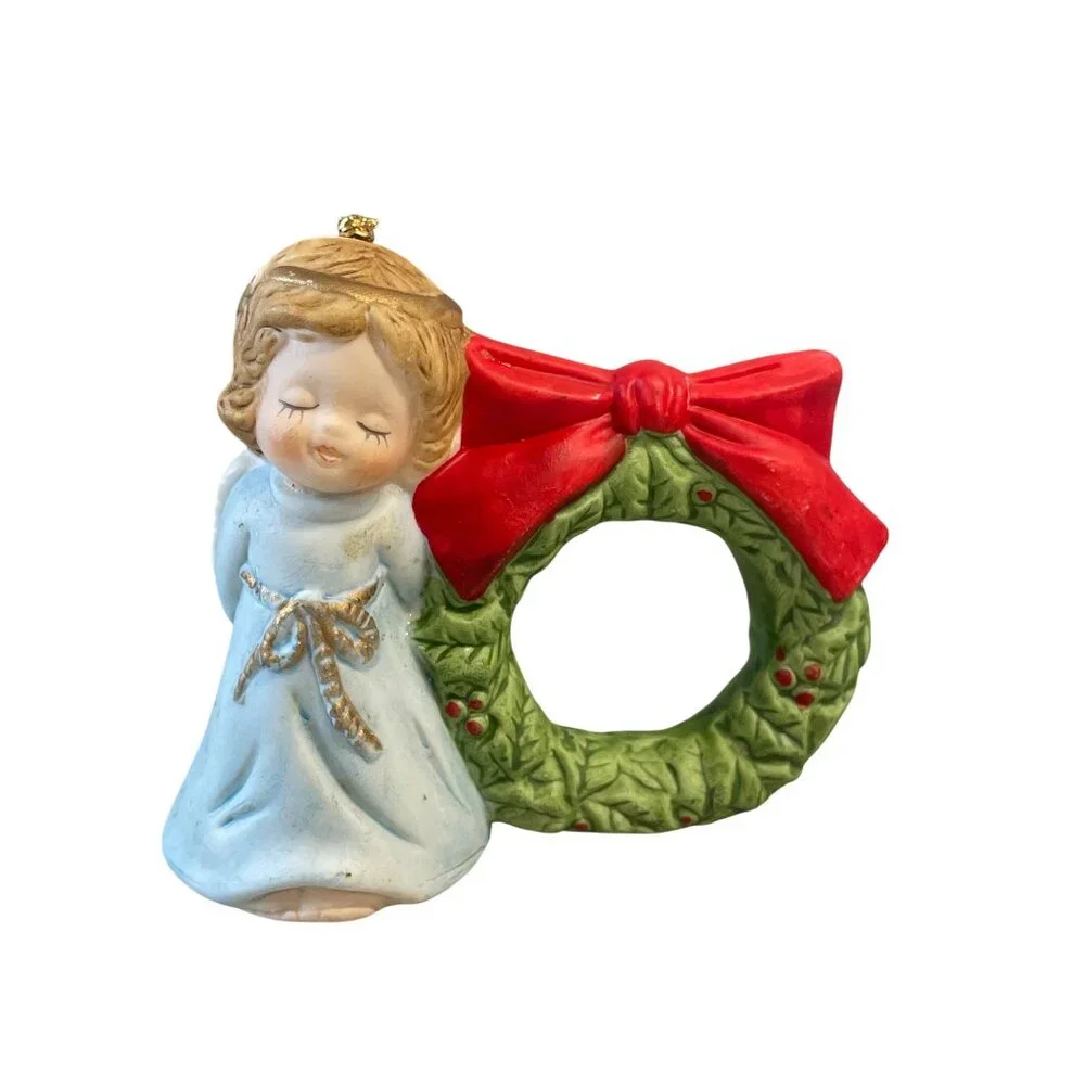 VTG‎ Jasco Lil Chimers Ceramic Christmas Angel Shepherd Napkin Rings Set Of 2